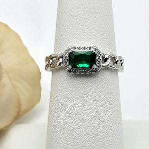 Baguette Halo Chain Link Sterling silver Green Emerald Stimulate Gemstone Ring